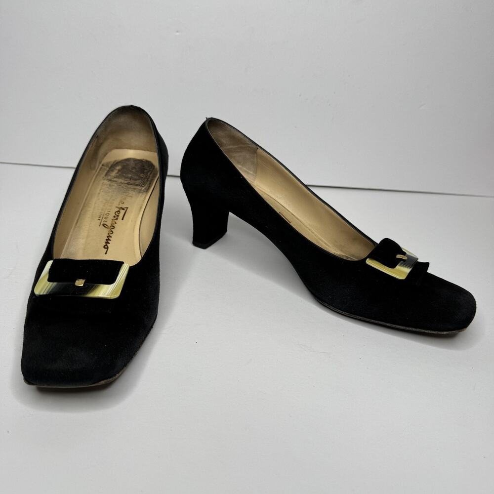 Vintage Salvatore Ferragamo Shoes Womens Size 8.5 Black Suede Heel Pumps Italy - Picture 3 of 10